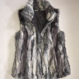 Karen Hart Faux Fur Hooded Vest Women’s – Gray/Black Sleeveless Zip Up | Size L